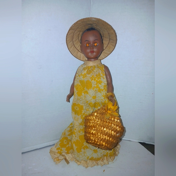 Vintage Yellow Floral Dress Doll with Straw Hat and Basket - Picture 1 of 2